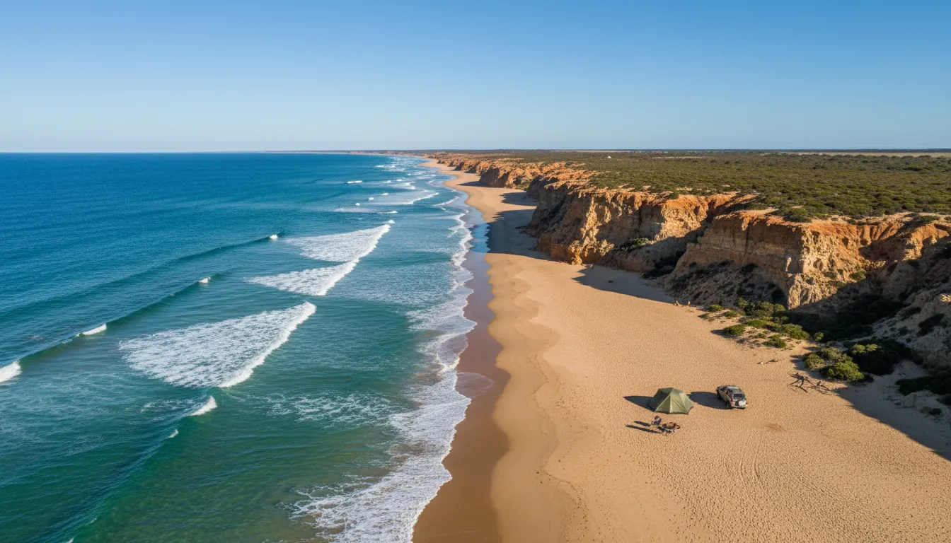 Image: Une vue aérienne panoramique de la côte de la péninsule d'Yorke, montrant de vastes étendues de sable doré, des eaux turquoise et des falaises escarpées sous un ciel bleu clair. Un campement isolé avec une petite tente est visible sur la plage, soulignant la solitude et la beauté naturelle.