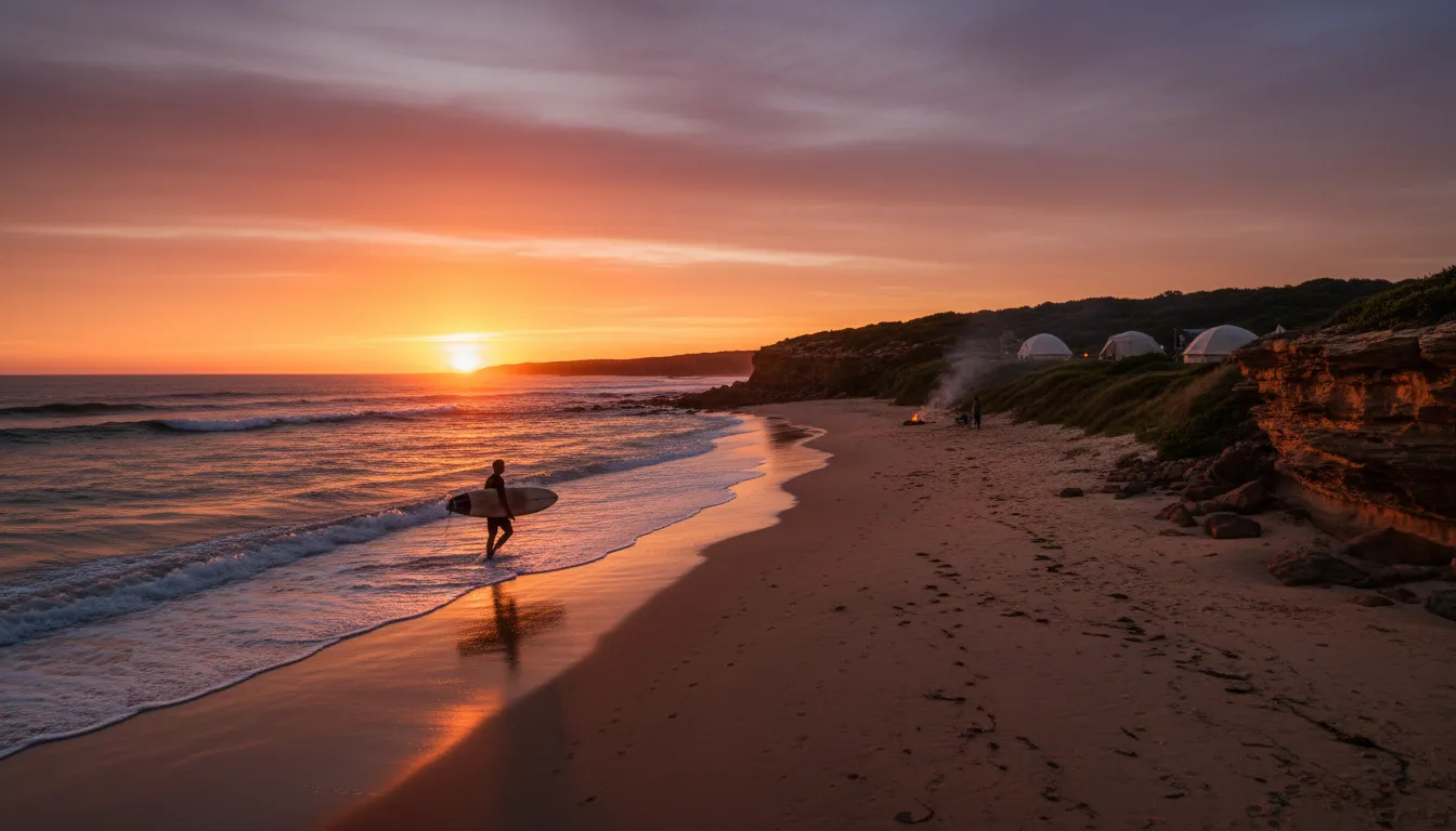 Image: Un coucher de soleil vibrant sur une plage du parc national Dhilba Guuranda-Innes, avec un surfeur sortant de l'eau avec sa planche, silhouetté contre un ciel orange et violet. Quelques tentes éparpillées sont visibles sur une dune herbeuse derrière la plage, suggérant une scène de camping paisible.