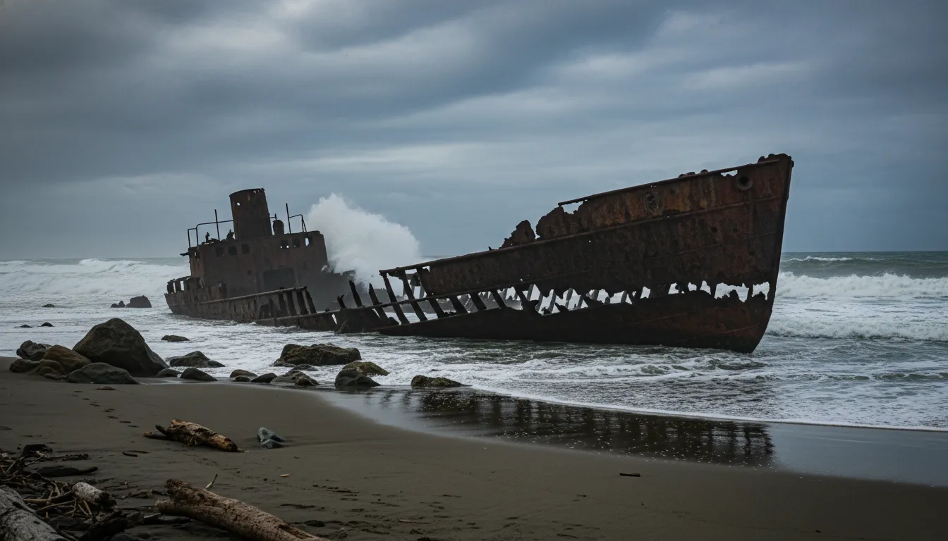 Image: Un cliché dramatique de l'épave de l'Ethel sur une plage escarpée à marée basse, avec des vagues s'écrasant en arrière-plan et un ciel sombre et couvert. La coque en fer rouillée est partiellement visible, soulignant sa présence historique et puissante.