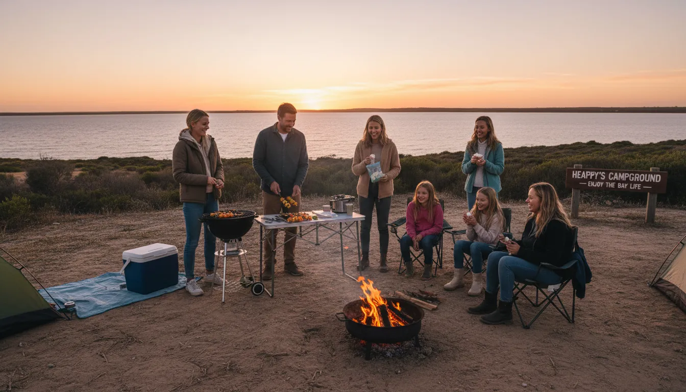 Image: Un groupe d'amis ou une famille installant joyeusement un barbecue sur un emplacement désigné surplombant une baie calme sur la péninsule d'Yorke au crépuscule. Un petit feu de camp est allumé, et les gens rient, soulignant une vie en plein air abordable et joyeuse.