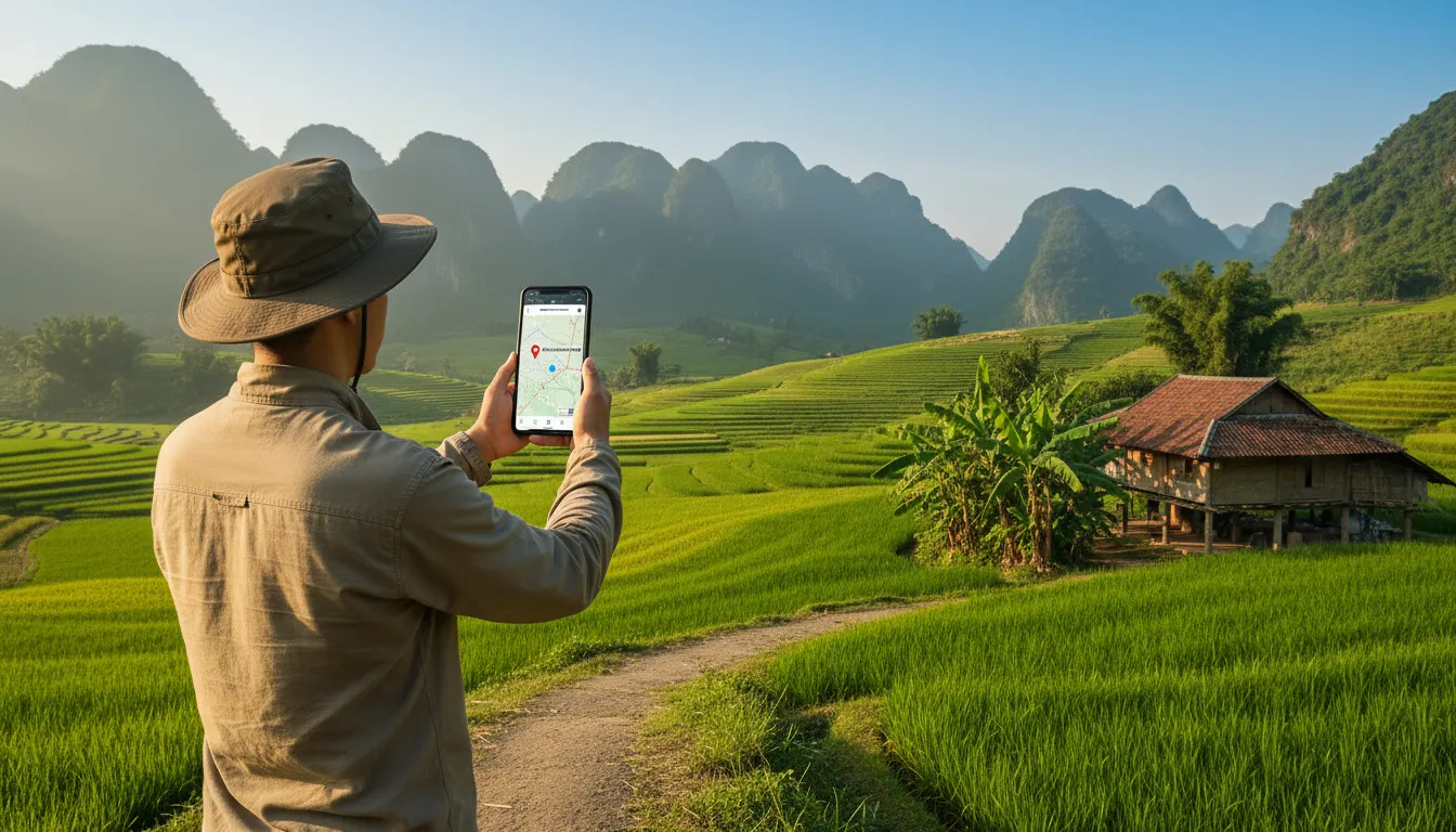 Image : Un voyageur dans un paysage rural vietnamien, regardant une carte hors ligne sur son smartphone, avec des rizières d'un vert luxuriant, des montagnes lointaines et une petite maison traditionnelle en arrière-plan. L'écran du téléphone montre clairement une carte détaillée avec une épingle placée sur un site historique.