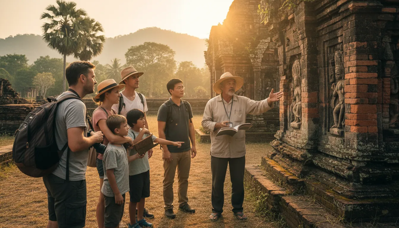 Image : Un petit groupe de voyageurs, dont une famille vietnamo-australienne, participant à une visite historique dans un temple ancien du Sud du Vietnam. Un guide local compétent explique avec passion l'histoire du temple, désignant des sculptures complexes. Le soleil se couche, jetant une lueur chaleureuse sur la scène.