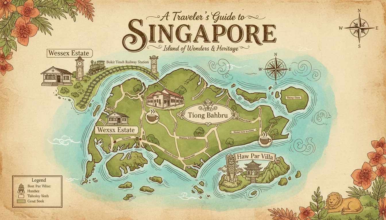 Image: A vibrant, detailed map of Singapore highlighting the locations of Tiong Bahru, Haw Par Villa, Bukit Timah Railway Station, and Wessex Estate, with small illustrative icons representing each landmark. The map should have a slightly vintage, hand-drawn feel.