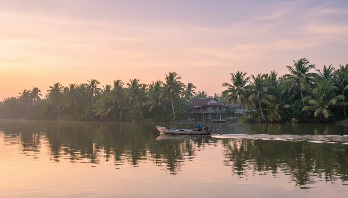 Image: A panoramic view of a serene Mekong Delta landscape at sunrise, with a traditional longtail boat gently navigating a calm river surrounded by lush green coconut palms and distant traditional Vietnamese houses. The sky is painted with soft pastel colors of pink and orange.