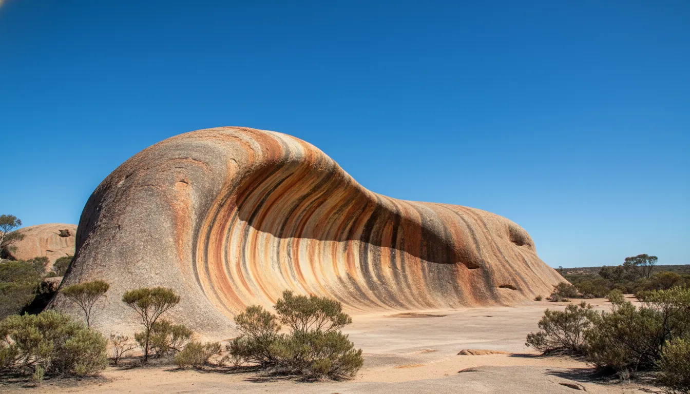 Image: A wide shot of Wave Rock in Hyden, Western Australia, showcasing its distinctive wave-like granite formation with vertical streaks of grey, red, and yellow, under a clear blue sky. A few small, hardy Australian native shrubs are visible at its base.