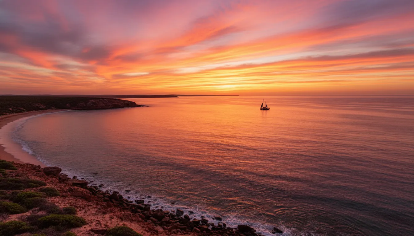 Image: Un plan large d'un coucher de soleil sur l'océan Indien au récif de Ningaloo, avec un ciel vibrant d'oranges, de roses et de violets se reflétant sur l'eau calme. Un petit bateau en silhouette est visible au loin, et le littoral s'incurve doucement.