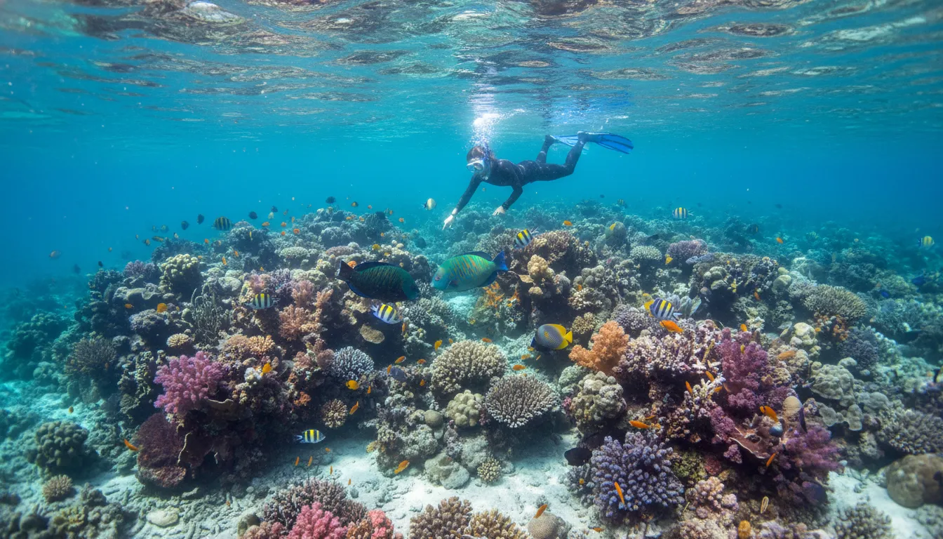Image: Une photo sous-marine époustouflante de Turquoise Bay, montrant un snorkeleur dérivant gracieusement au-dessus d'un jardin de corail vibrant et grouillant de poissons colorés (comme des poissons-perroquets et des poissons-anges). L'eau est cristalline et la lumière du soleil traverse la surface.