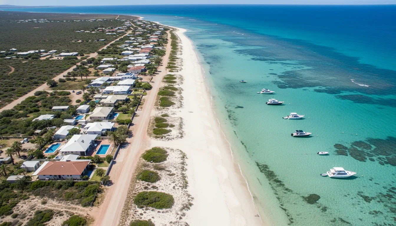 Image: Une charmante vue aérienne de Coral Bay, Australie occidentale, montrant un groupe d'hébergements de faible hauteur et quelques bateaux amarrés dans les eaux turquoise peu profondes et claires de la baie. La route principale est visible, menant à la plage de sable immaculé.