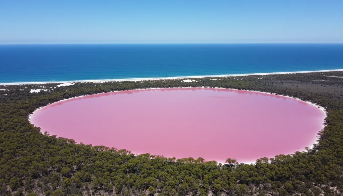Image: Une vue par drone capturant le Lake Hillier rose vif sur Middle Island, Australie occidentale. Le lac est d'un rose éclatant, contrastant nettement avec une mince bande de forêt verte dense et l'étendue bleu profond de l'océan Austral environnant. Le ciel est clair.