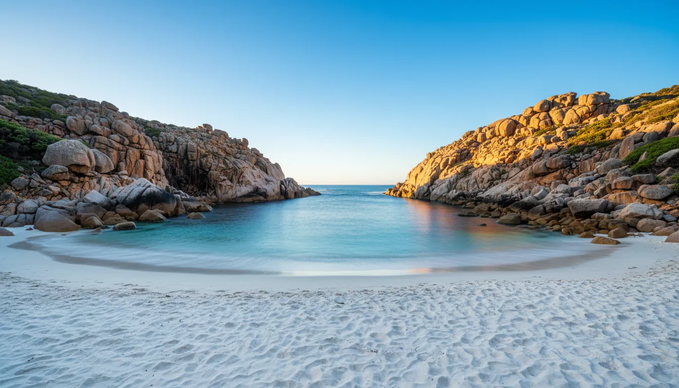 Image: Une Hellfire Bay isolée dans le parc national de Cape Le Grand, présentant des formations rocheuses de granit accidentées contrastant avec l'eau calme et bleu profond de l'océan. Une petite plage de sable blanc immaculé est visible au premier plan. Le ciel est clair et lumineux.