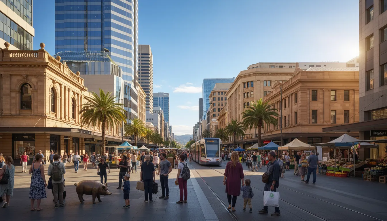 Image: A wide shot of a bustling Adelaide street scene, perhaps Rundle Mall or a lively market area, with a diverse crowd, hints of modern architecture blended with historic buildings, and a clear, sunny sky reflecting Adelaide