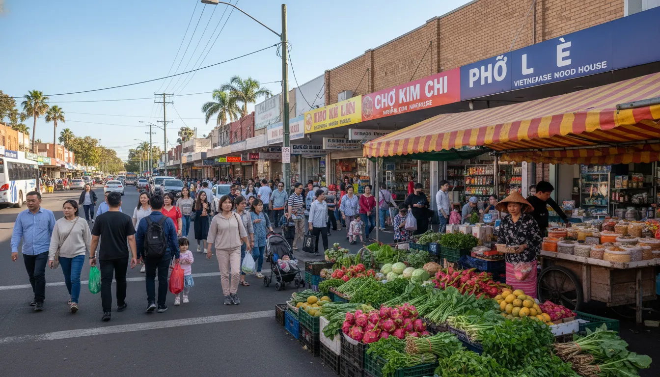 Image: Une scène de rue animée à Pooraka, Adélaïde, avec des enseignes vietnamiennes sur les boutiques, des gens qui marchent et les couleurs vibrantes d'un stand de marché.