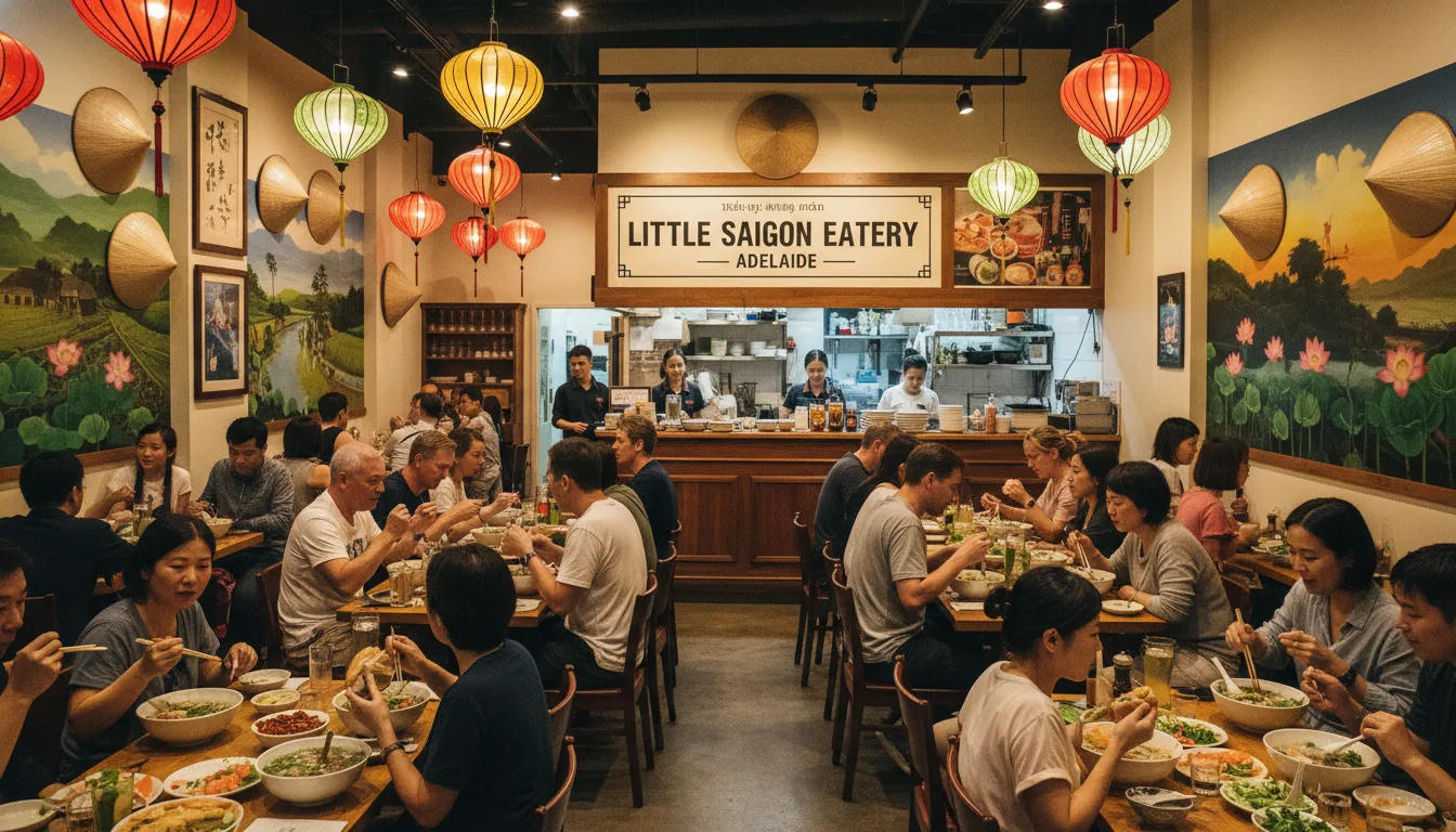 Image: Un plan large d'un restaurant vietnamien animé à Adélaïde, montrant des clients divers profitant de divers plats (pho, banh mi), avec un décor vietnamien traditionnel et un éclairage chaleureux, capturant un sentiment de communauté et de richesse culinaire.