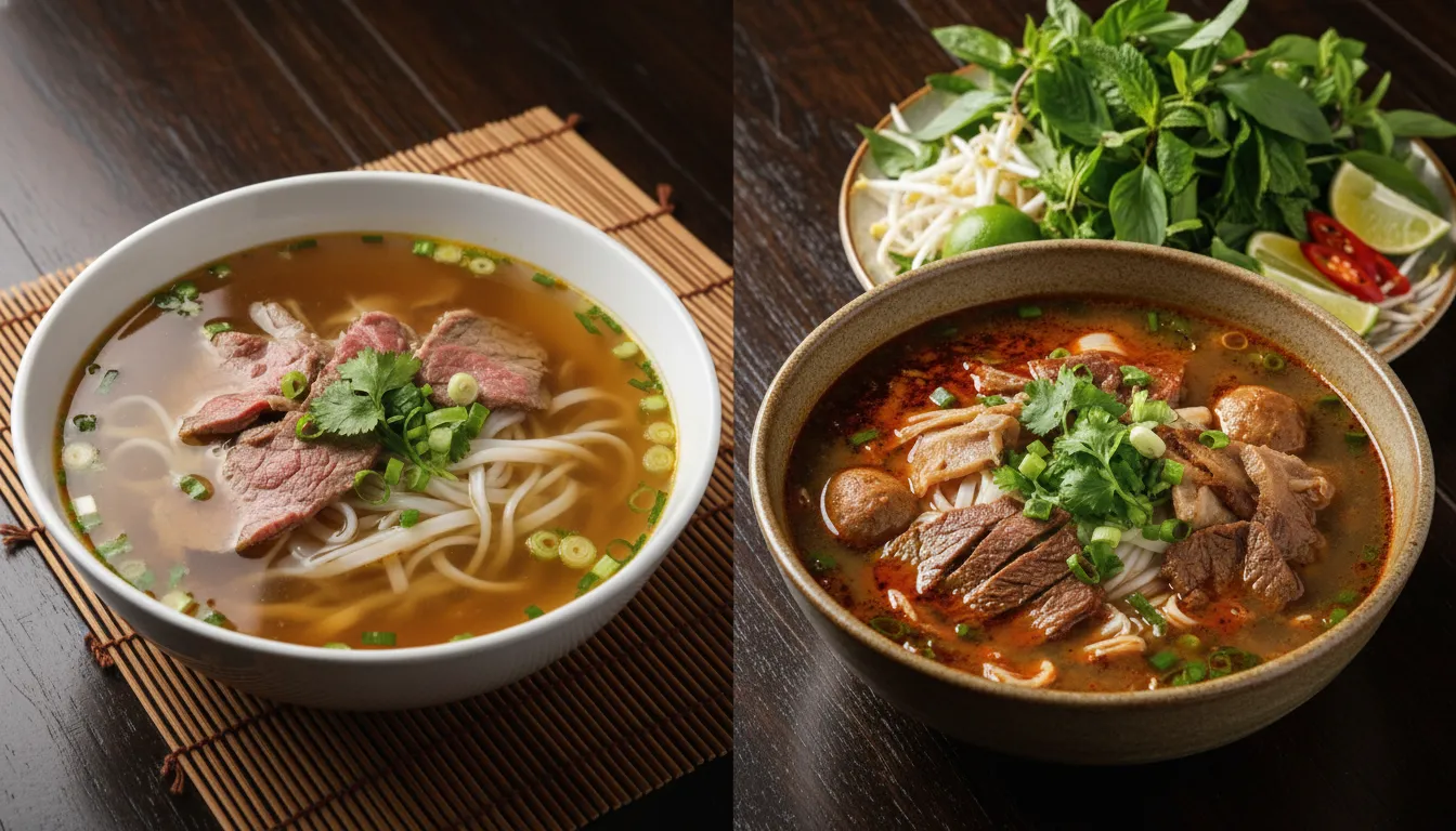 Image: Une image scindée montrant deux bols de phở côte à côte. À gauche, un bouillon de Phở Bắc clair et délicat avec un minimum de garnitures. À droite, un bouillon de Phở Nam plus riche et trouble avec une grande assiette d'herbes fraîches, de lime et de piment. Les deux bols sont sur une table en bois sombre.