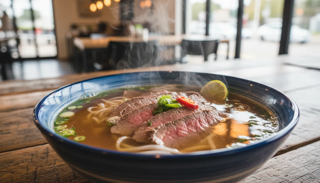 Image: Un gros plan d'un bol fumant de Phở Bắc du Nord Vietnam avec un bouillon clair, de fines tranches de bœuf et un minimum d'herbes fraîches, servi sur une table en bois rustique dans un restaurant bien éclairé d'Adélaïde.