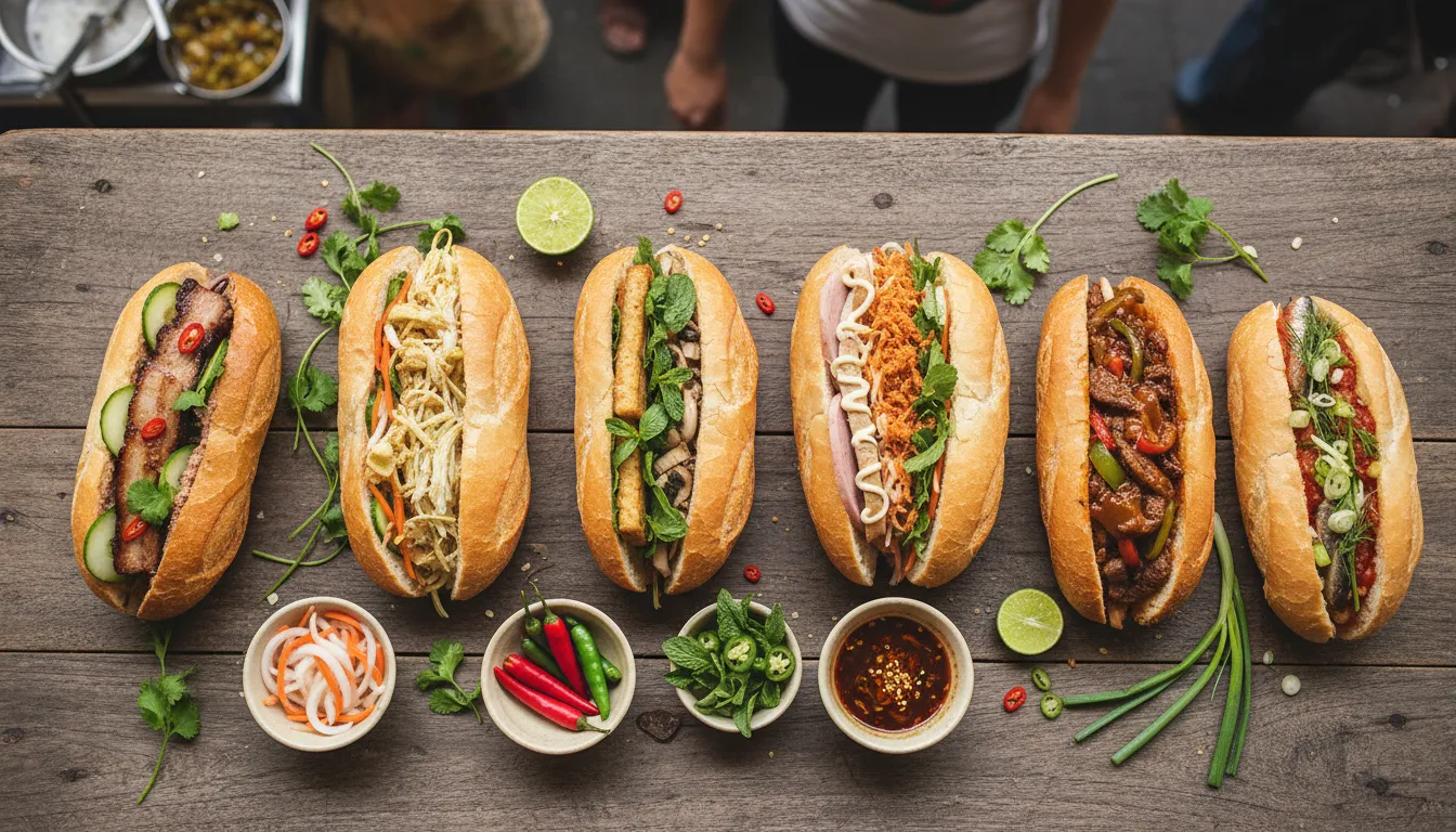 Image: Une vue de dessus de plusieurs sandwiches Bánh Mì différents disposés sur une table en bois rustique, chacun avec des garnitures et des condiments légèrement variés, accompagnés de petits bols de légumes marinés et de piment frais. L'arrière-plan est légèrement flou, suggérant un marché alimentaire ou un restaurant animé.