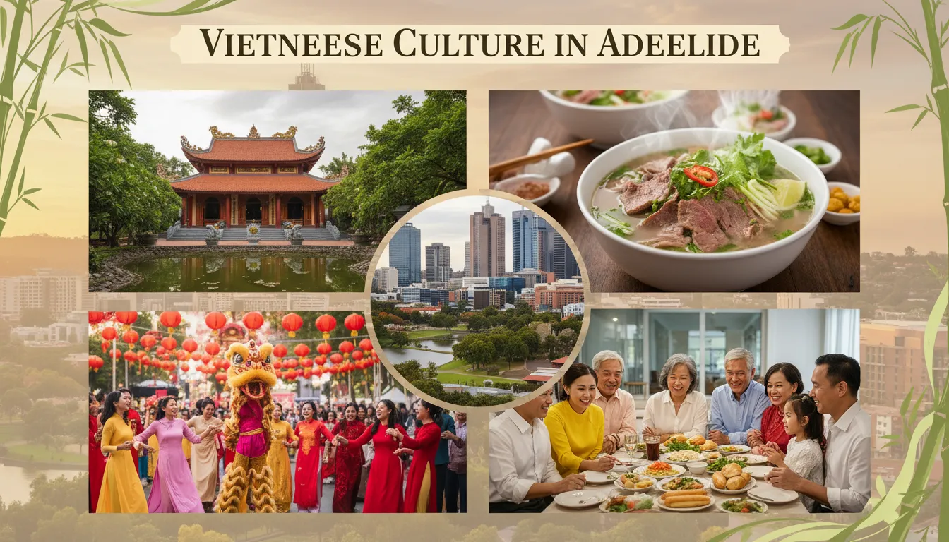 Image: Un montage vibrant présentant divers aspects de la culture vietnamienne à Adélaïde : l'extérieur d'un temple serein, un gros plan d'un bol de phở fumant, un groupe de personnes profitant d'un festival communautaire et une famille vietnamio-australienne partageant un repas, le tout sur un arrière-plan subtil du paysage urbain d'Adélaïde
