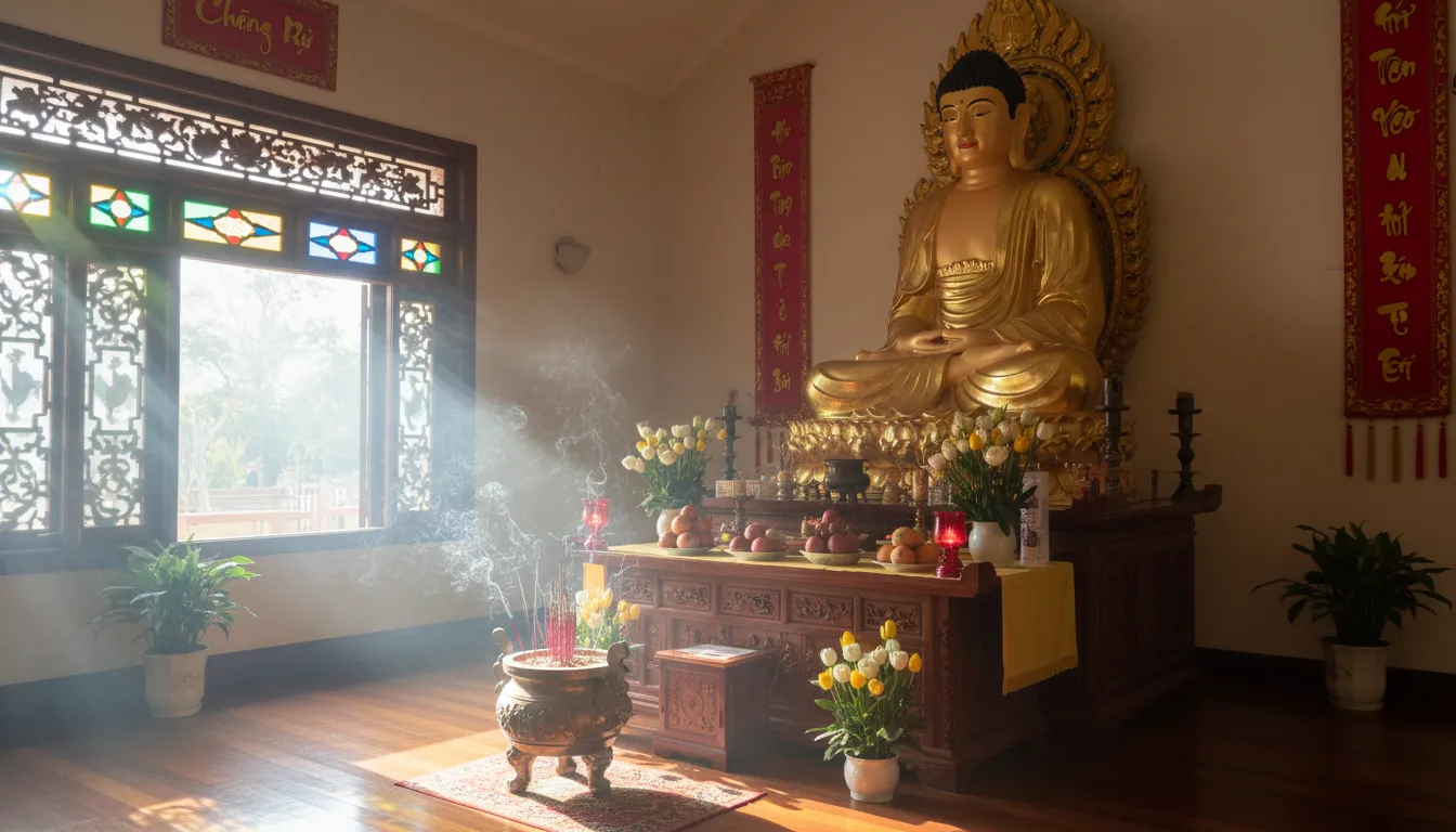 Image: Intérieur d'un temple bouddhiste vietnamien serein à Pennington, Adélaïde, pendant un moment de calme. La douce lumière du matin traverse une fenêtre ornée, illuminant une statue de Bouddha dorée entourée d'offrandes fraîches et de fines volutes de fumée d'encens.