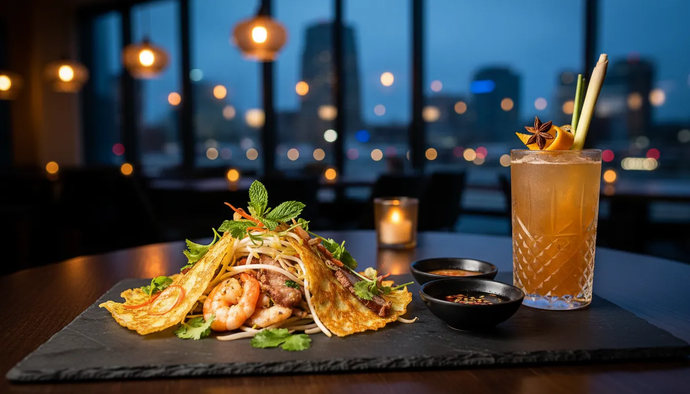 Image: Un plat de fusion vietnamienne moderne élégamment dressé, peut-être un Bánh xèo déconstruit ou un Phở sophistiqué, servi dans un restaurant chic et tamisé du centre-ville d'Adélaïde. Un cocktail avec des garnitures d'inspiration asiatique se trouve à côté, avec les lumières subtiles de la ville visibles à travers une fenêtre en arrière-plan.