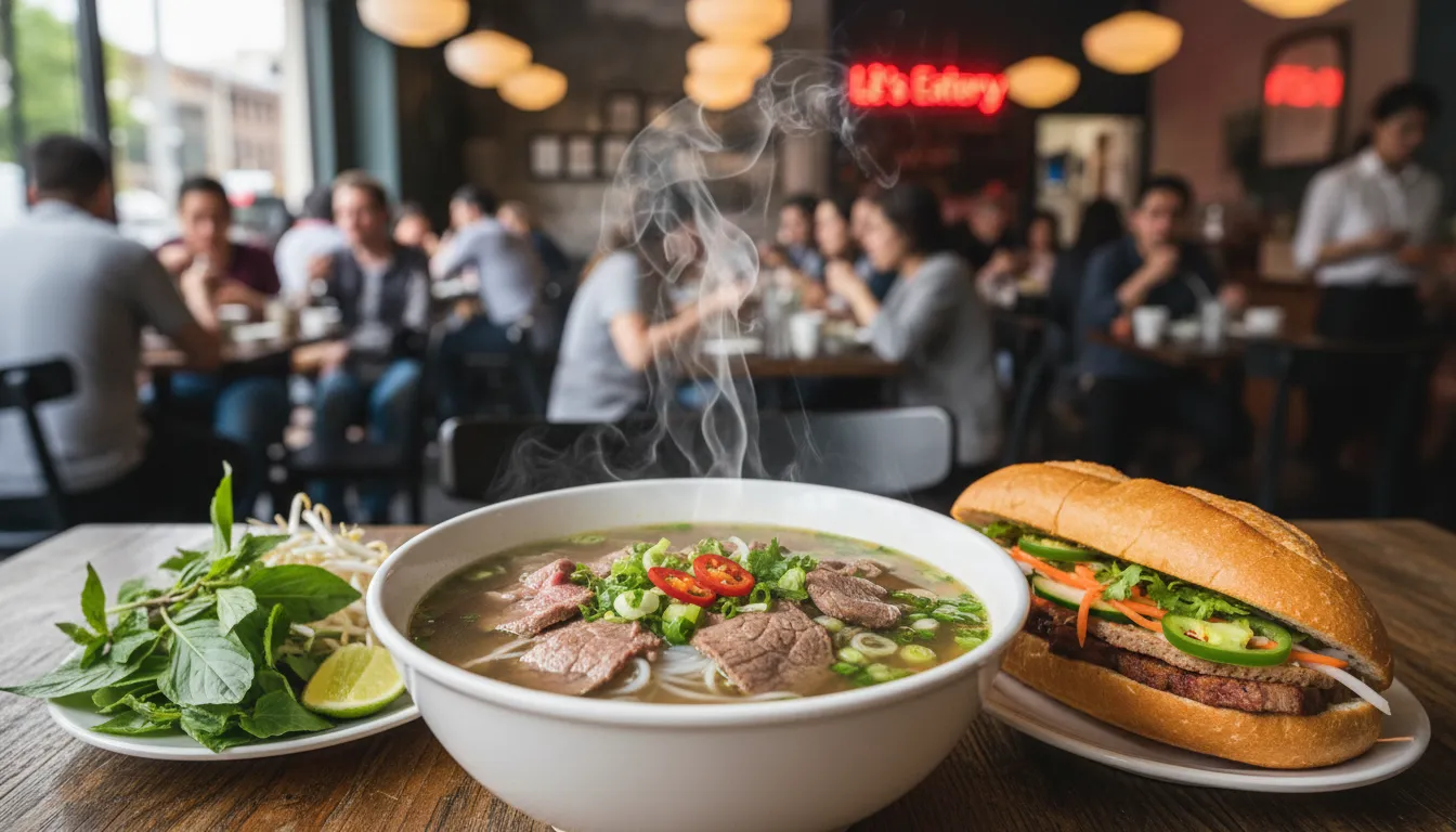 Image: Un restaurant vietnamien animé sur Hanson Road, Woodville Gardens, Adélaïde. Un gros plan se concentre sur un bol de Phở fumant et parfaitement garni avec des herbes fraîches à côté, ainsi qu'un Bánh mì croustillant et bien garni. L'arrière-plan flou montre l'activité animée du restaurant.