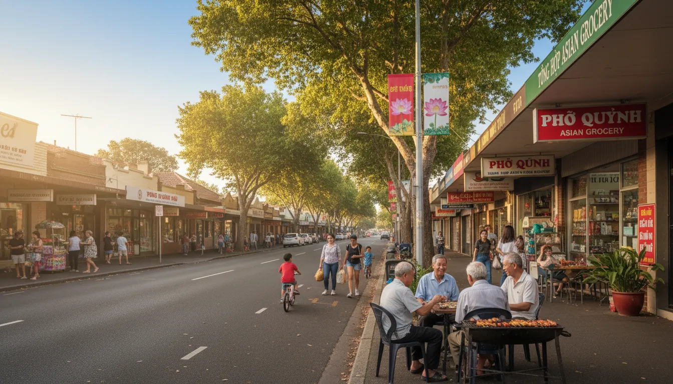 Image: A sun-drenched street scene in Adelaide